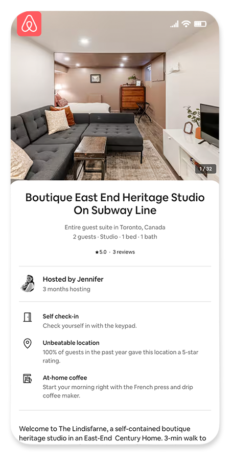 airbnb listing of the Lindisfarne Guest House shown on an Iphone 